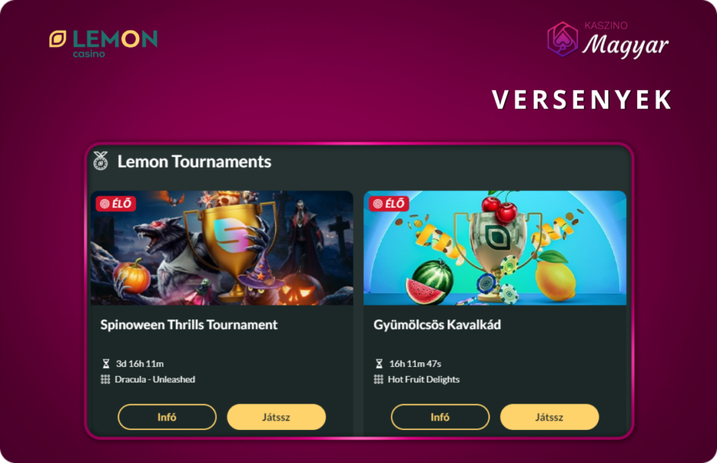 Képernyőkép a Lemon Casino app játékválasztékáról, különböző nyerőgépekkel
