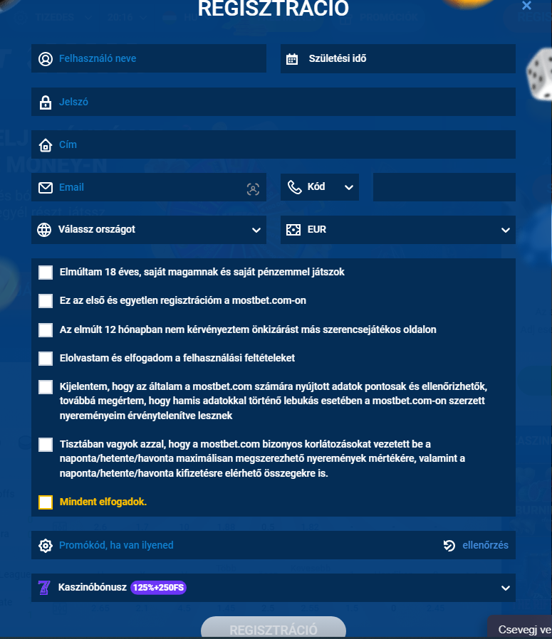 Regisztráció a Mostbet online kaszinóban