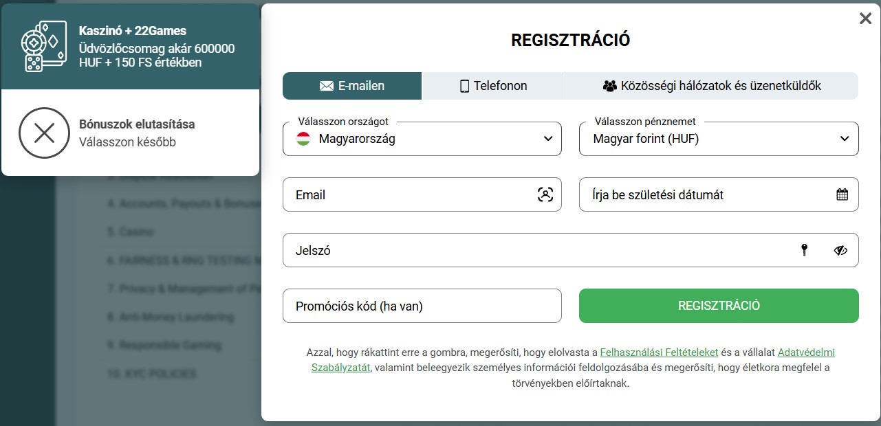 Registracio 22casino