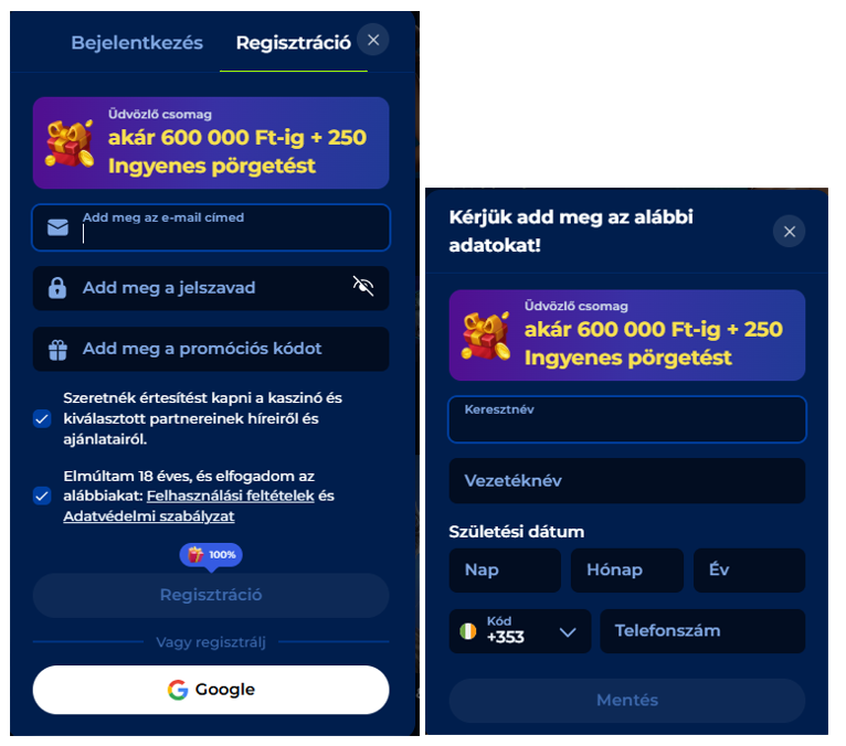 Regisztráció a Billionaire Spin