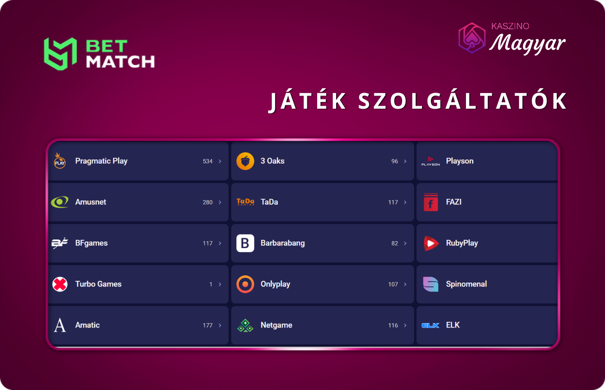 Játék szolgáltatók Betmatch 

