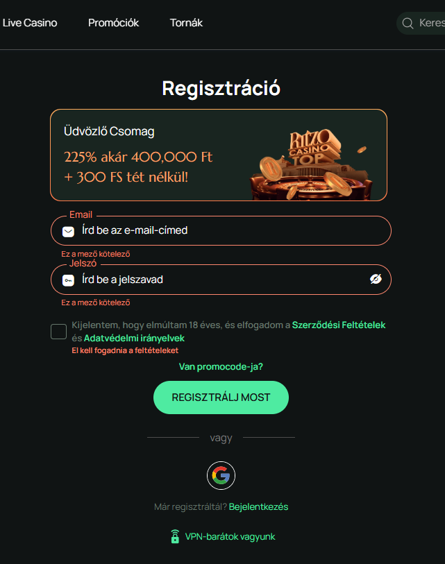 Regisztráció a Ritzo