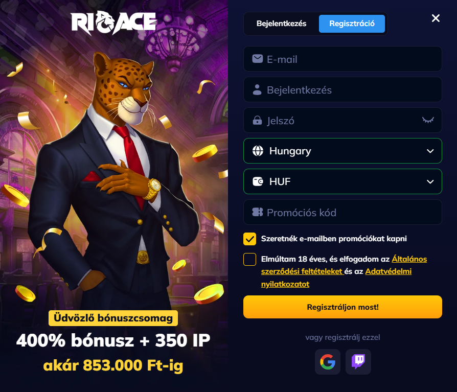 Regisztráció a Rioace kaszinó weboldalán