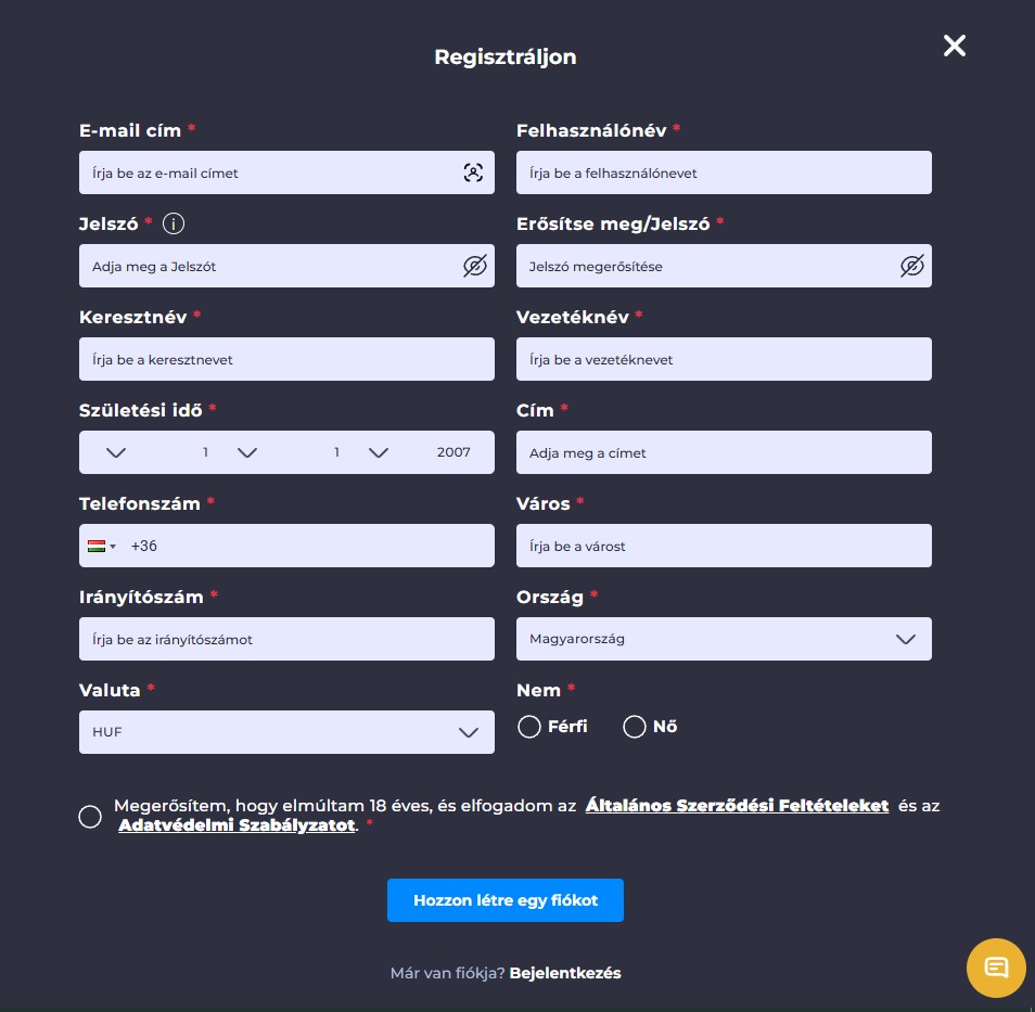 Regisztráció a Winning oldalon
