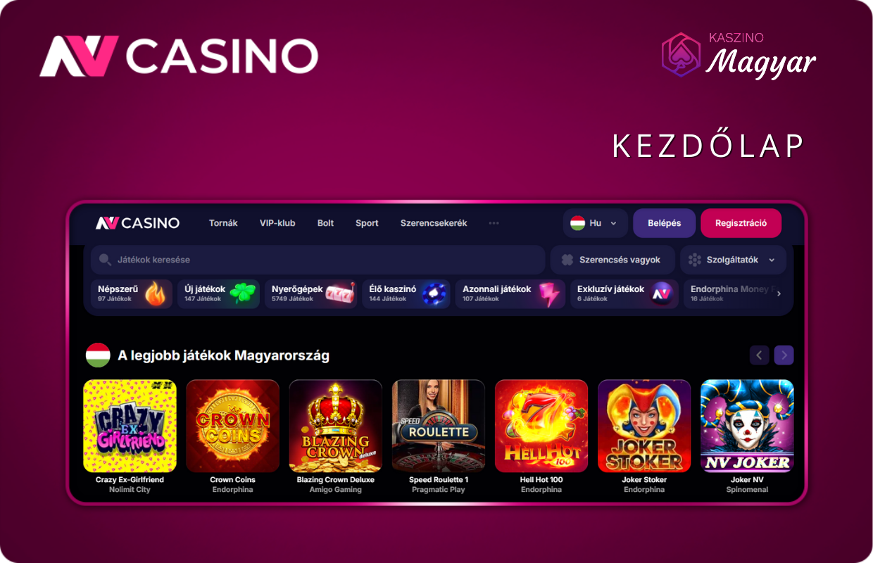 A kaszinó kezdőképernyője, ahol a bejelentkezés és a regisztráció gombok, valamint az aktuális ajánlatok láthatók